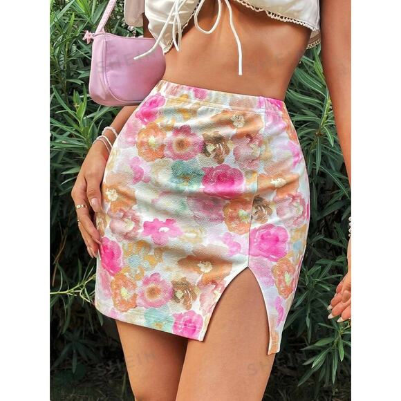 New Medium Pink Floral Mini Skirt Fitted Bodycon Slit High Rise Stretchy - Picture 3 of 3